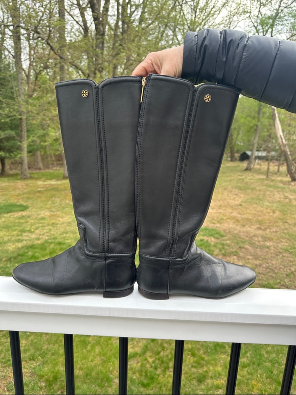 Tory Burch Irene Tall Riding Boots Back Zip Black Leather Equestrian